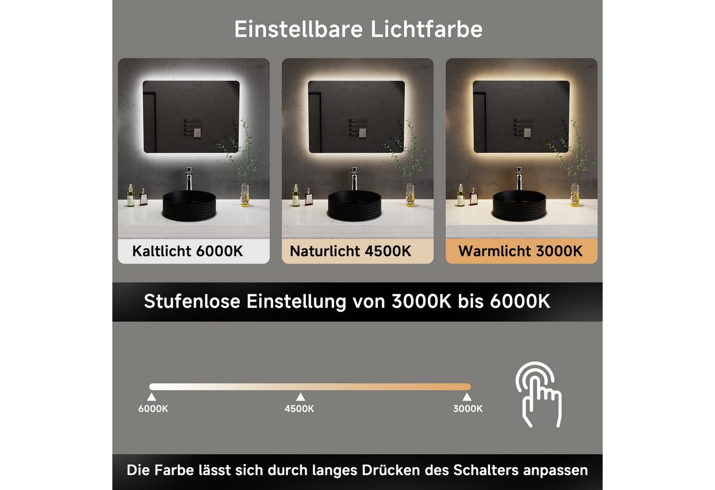 welltime LED-Lichtspiegel Toledo eckig, Spiegel mit LED Beleuchtung, Badspiegel, mit Anti-Fog Beschichtung – Bild 4 von 5