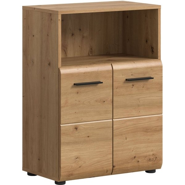 welltime Midischrank FLORENZ, Breite 60 cm, 2 Türen, 1 Fachboden, 1 offene Fach (1-St., TOPSELLER) hochwertige MDF Front, Griff schwarz, Badschrank, Bad