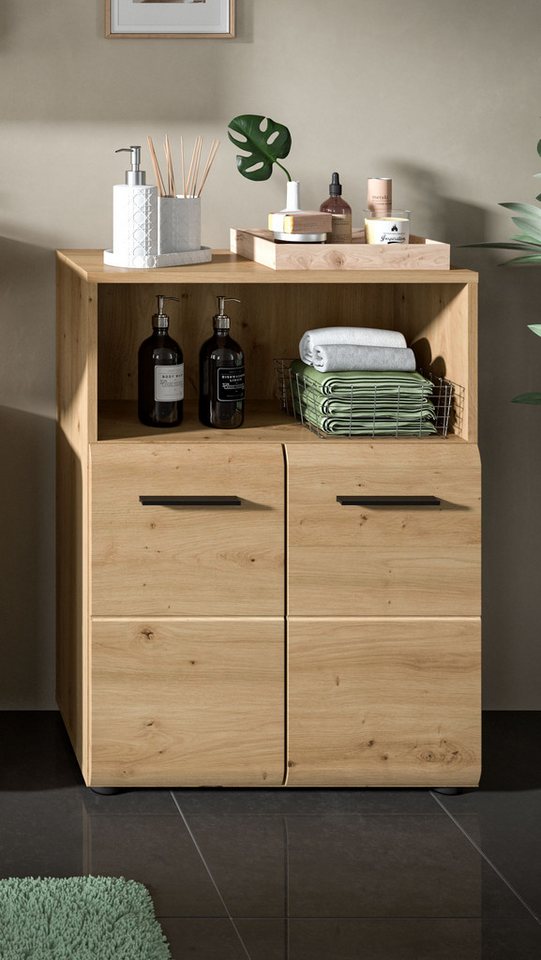welltime Midischrank FLORENZ, Breite 60 cm, 2 Türen, 1 Fachboden, 1 offene Fach (1-St., TOPSELLER) hochwertige MDF Front, Griff schwarz, Badschrank, Bad – Bild 2 von 5