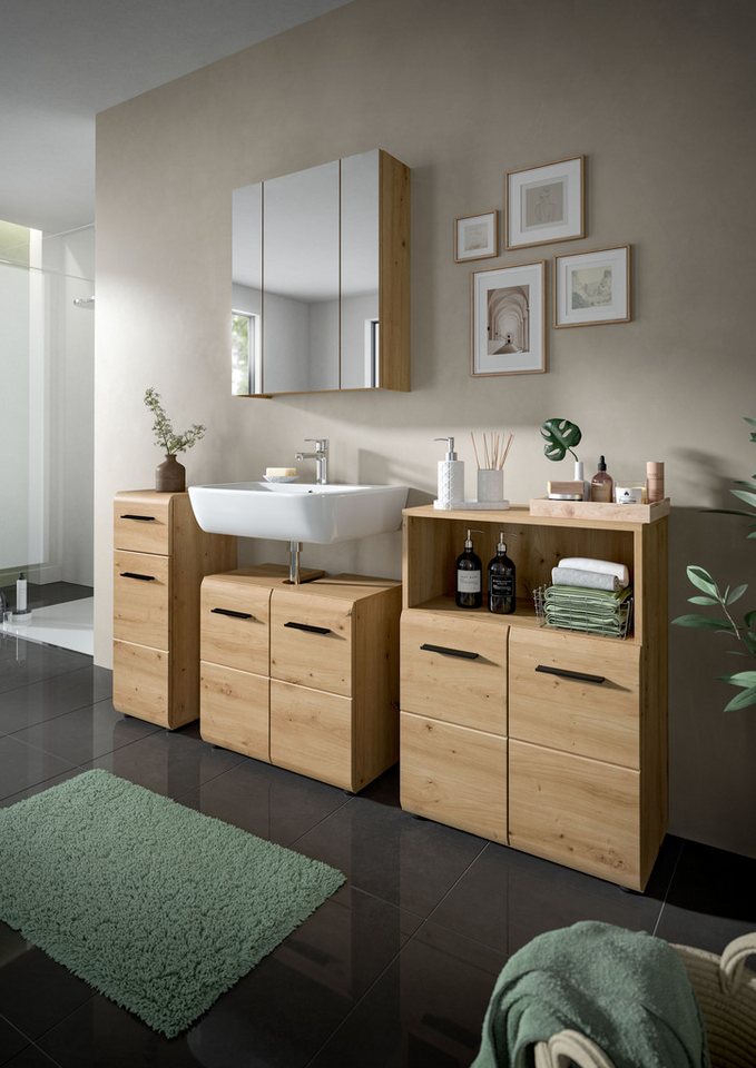 welltime Midischrank FLORENZ, Breite 60 cm, 2 Türen, 1 Fachboden, 1 offene Fach (1-St., TOPSELLER) hochwertige MDF Front, Griff schwarz, Badschrank, Bad – Bild 5 von 5