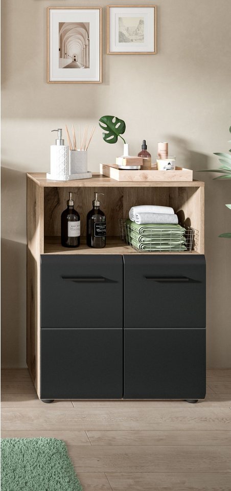 welltime Midischrank FLORENZ, Breite 60 cm, 2 Türen, 1 Fachboden, 1 offene Fach (1-St., TOPSELLER) hochwertige MDF Front, Griff schwarz, Badschrank, Bad – Bild 2 von 5