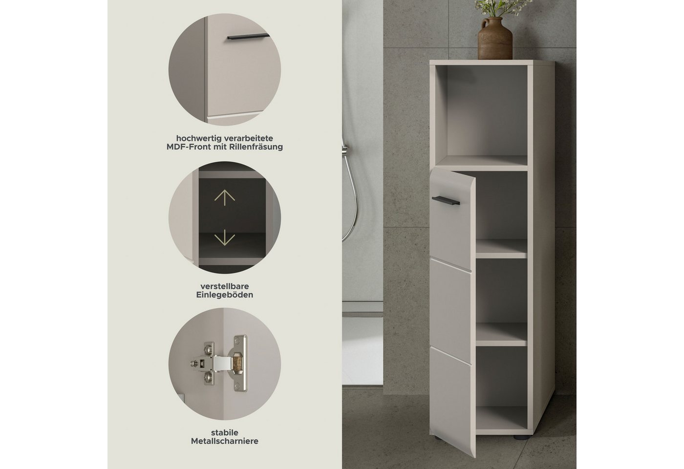 welltime Midischrank FLORENZ, Höhe 110 cm, 1 Tür, 2 Fachböden, 1 offenes Fach (1-St., TOPSELLER) Türanschlag wechselbar, hochwertige MDF Front, Badschrank, Bad – Bild 3 von 5