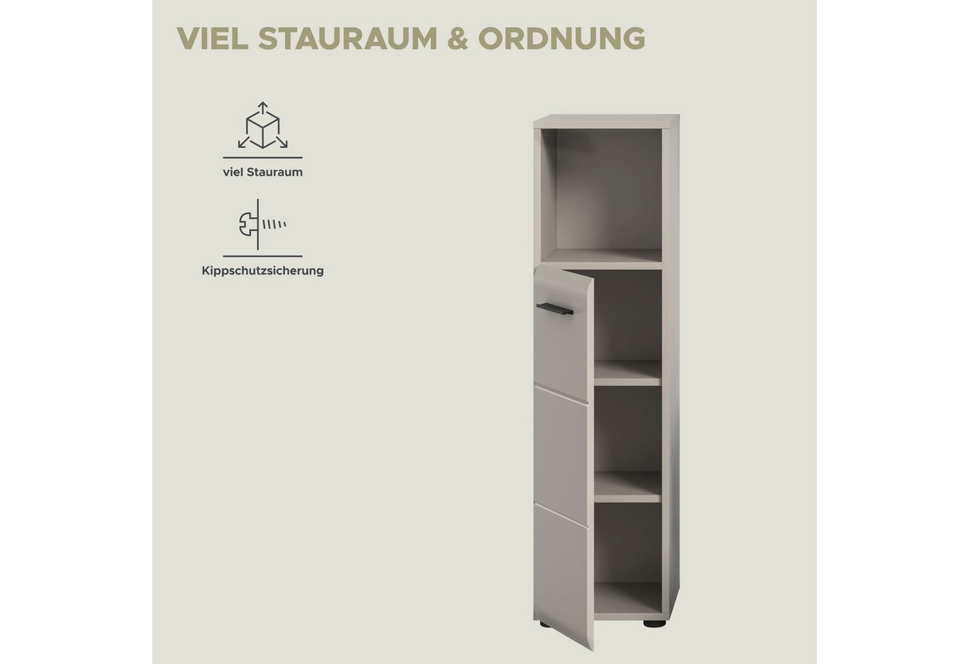 welltime Midischrank FLORENZ, Höhe 110 cm, 1 Tür, 2 Fachböden, 1 offenes Fach (1-St., TOPSELLER) Türanschlag wechselbar, hochwertige MDF Front, Badschrank, Bad – Bild 4 von 5