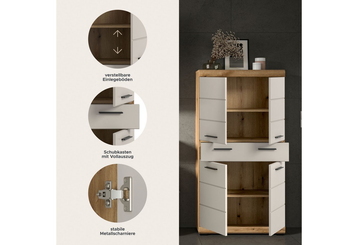 welltime Midischrank SIENA, Breite 74cm, 4 Türen, 1 Schubkasten, 4 Fächer, MDF-Front (TOPSELLER) in verschiedenen Farben erhältlich, Badmöbel, Badschrank, Schra – Bild 3 von 5
