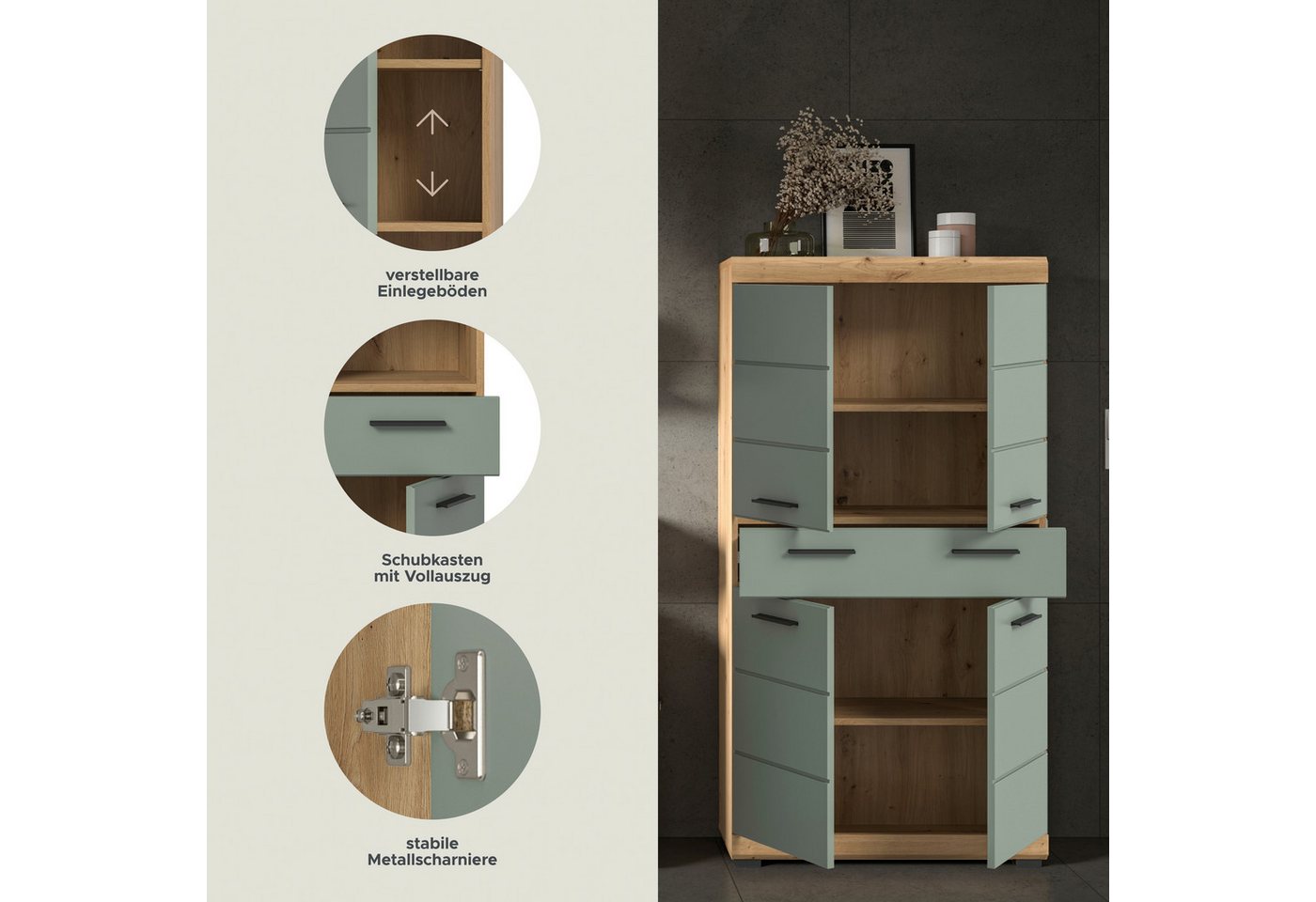 welltime Midischrank SIENA, Breite 74cm, 4 Türen, 1 Schubkasten, 4 Fächer, MDF-Front (TOPSELLER) in verschiedenen Farben erhältlich, Badmöbel, Badschrank, Schra – Bild 4 von 5