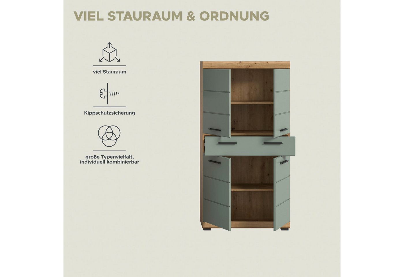 welltime Midischrank SIENA, Breite 74cm, 4 Türen, 1 Schubkasten, 4 Fächer, MDF-Front (TOPSELLER) in verschiedenen Farben erhältlich, Badmöbel, Badschrank, Schra – Bild 5 von 5