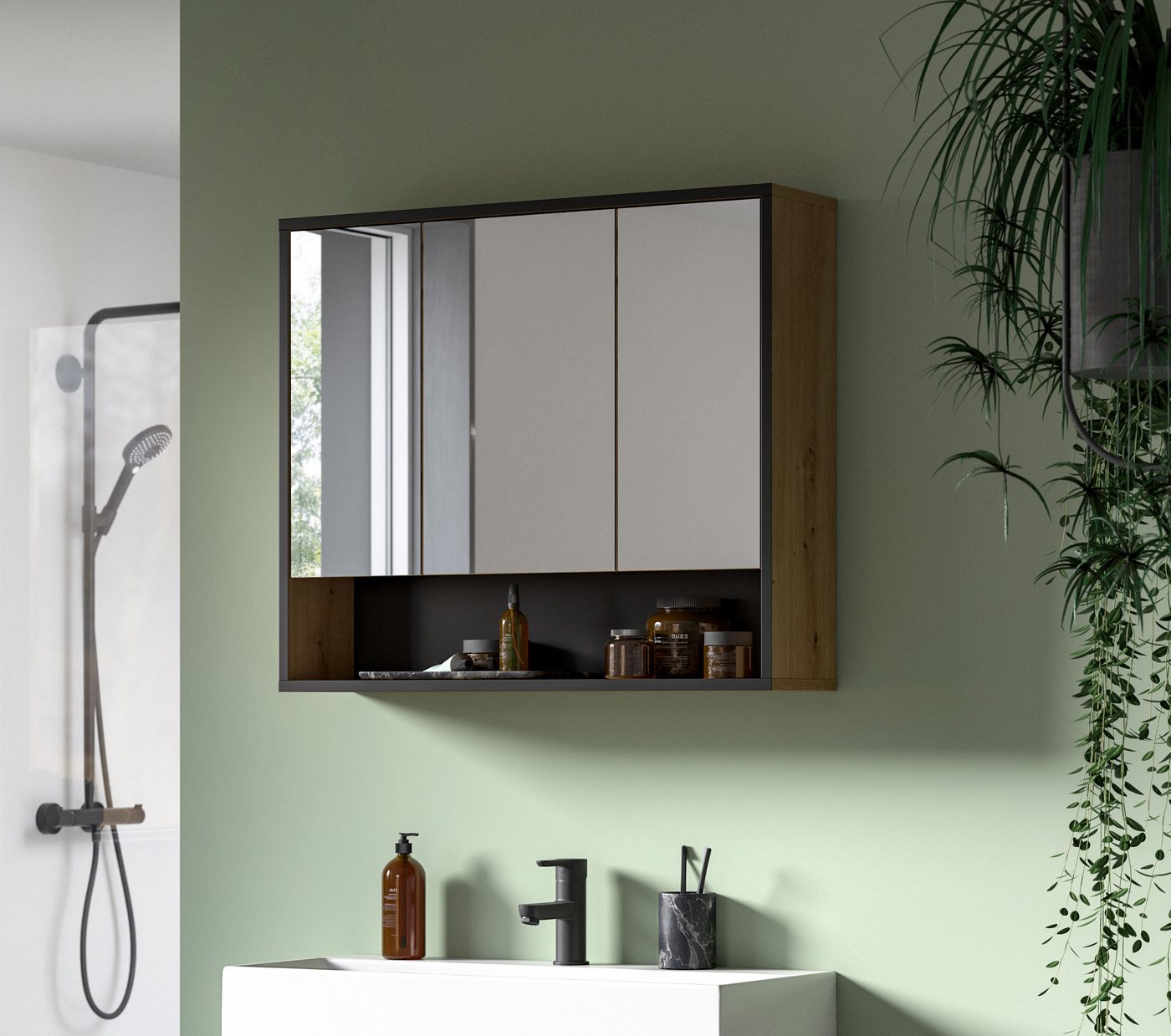 welltime Spiegelschrank LOCRI, Höhe 68 cm, 3 Spiegeltüren, 3 Einlegeböden, 1 offenes Fach (1-St., viel Stauraum, für perfekte Organisation) Badmöbel, Badschrank – Bild 2 von 5
