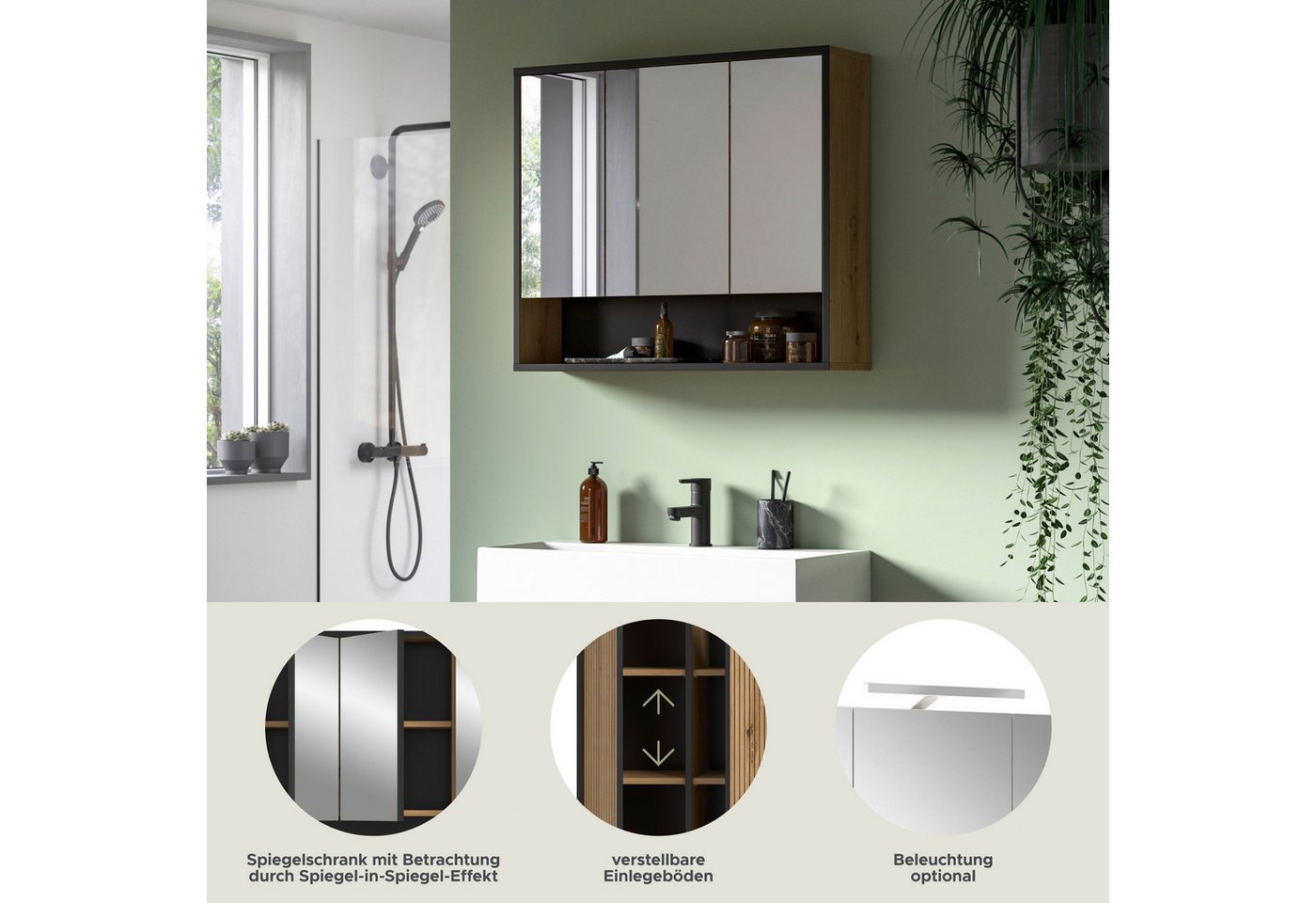 welltime Spiegelschrank LOCRI, Höhe 68 cm, 3 Spiegeltüren, 3 Einlegeböden, 1 offenes Fach (1-St., viel Stauraum, für perfekte Organisation) Badmöbel, Badschrank – Bild 3 von 5