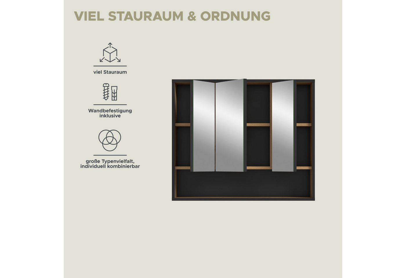 welltime Spiegelschrank LOCRI, Höhe 68 cm, 3 Spiegeltüren, 3 Einlegeböden, 1 offenes Fach (1-St., viel Stauraum, für perfekte Organisation) Badmöbel, Badschrank – Bild 4 von 5