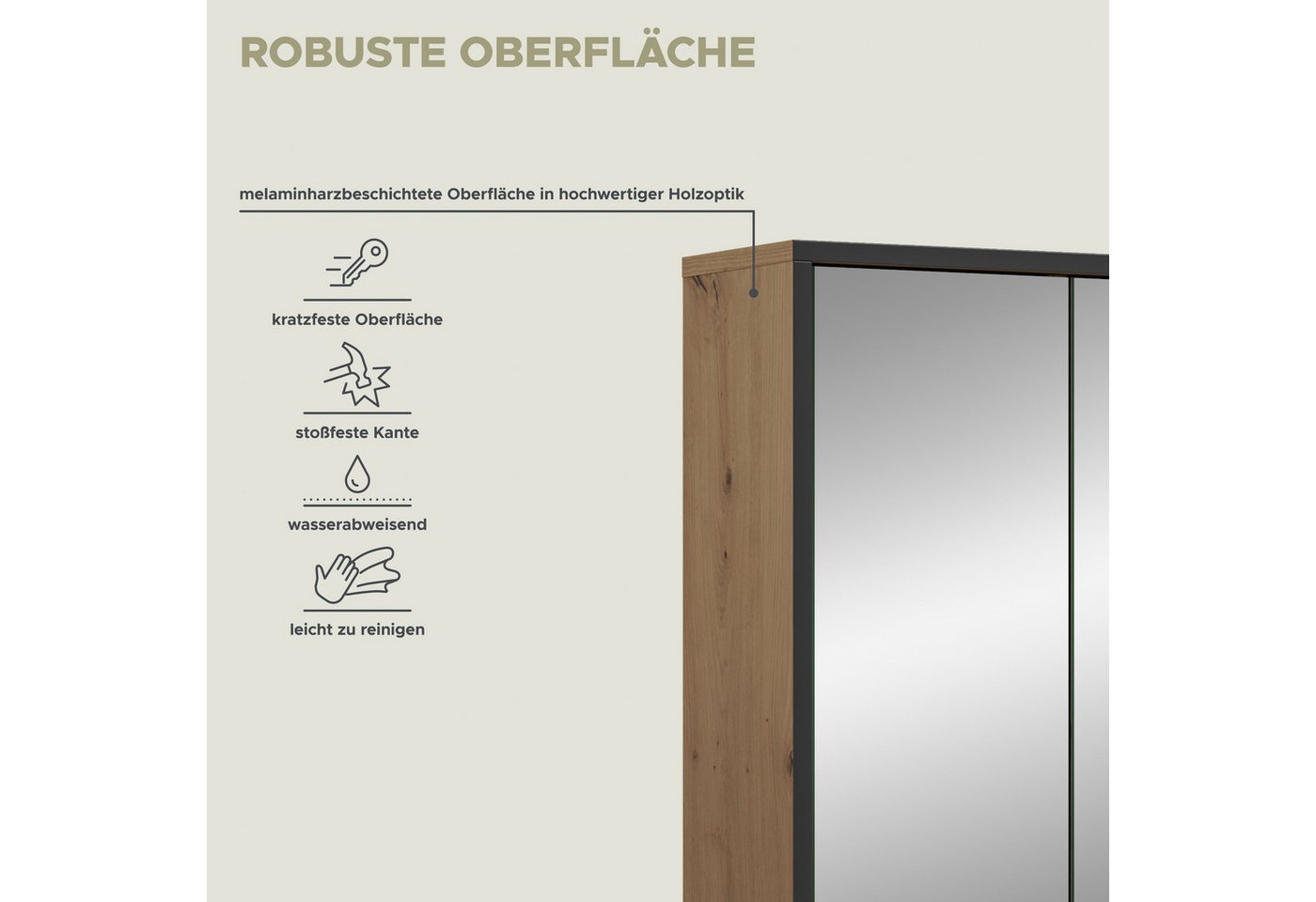 welltime Spiegelschrank LOCRI, Höhe 68 cm, 3 Spiegeltüren, 3 Einlegeböden, 1 offenes Fach (1-St., viel Stauraum, für perfekte Organisation) Badmöbel, Badschrank – Bild 5 von 5