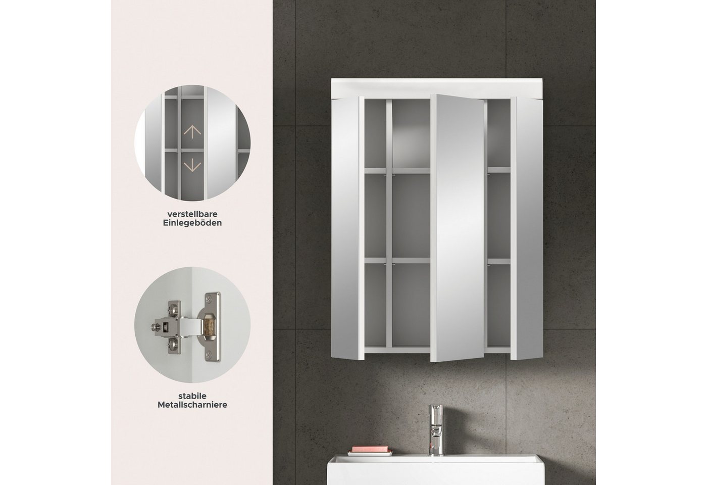welltime Spiegelschrank SIENA, Breite 60cm, 3 Spiegeltüren, 9 Fächer, 6 Einlegeböden (TOPSELLER) in verschiedenen Farben erhältlich, Badmöbel, Badschrank, Schra – Bild 3 von 5