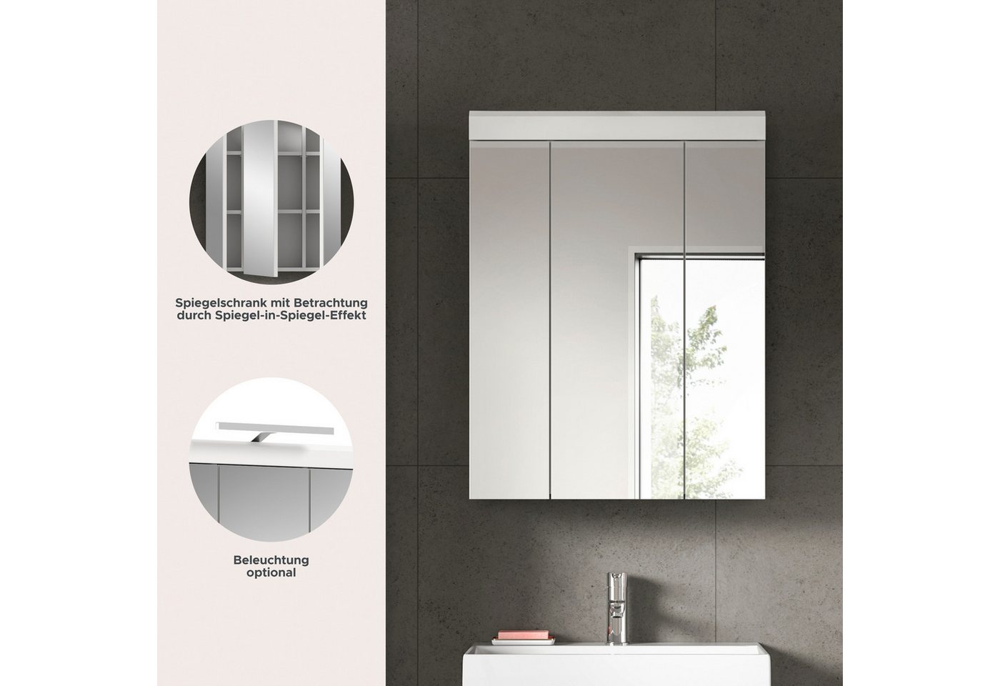 welltime Spiegelschrank SIENA, Breite 60cm, 3 Spiegeltüren, 9 Fächer, 6 Einlegeböden (TOPSELLER) in verschiedenen Farben erhältlich, Badmöbel, Badschrank, Schra – Bild 5 von 5