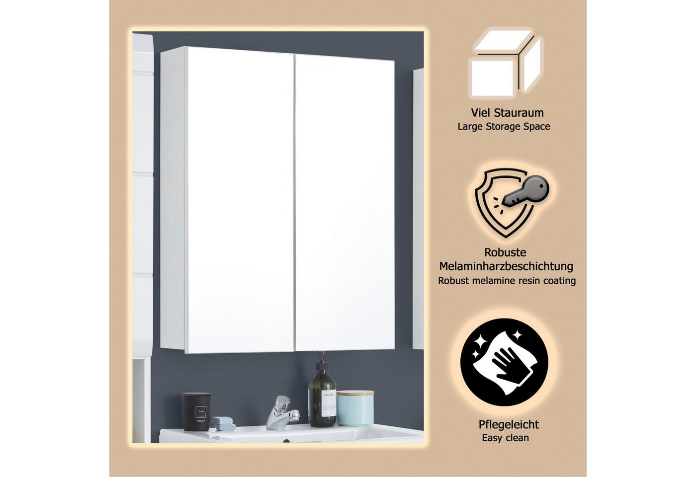 welltime Spiegelschrank Sovana Badschrank wahlweise mit oder ohne Beleuchtung - (B/T/H) 60/18/67 cm – Bild 4 von 5
