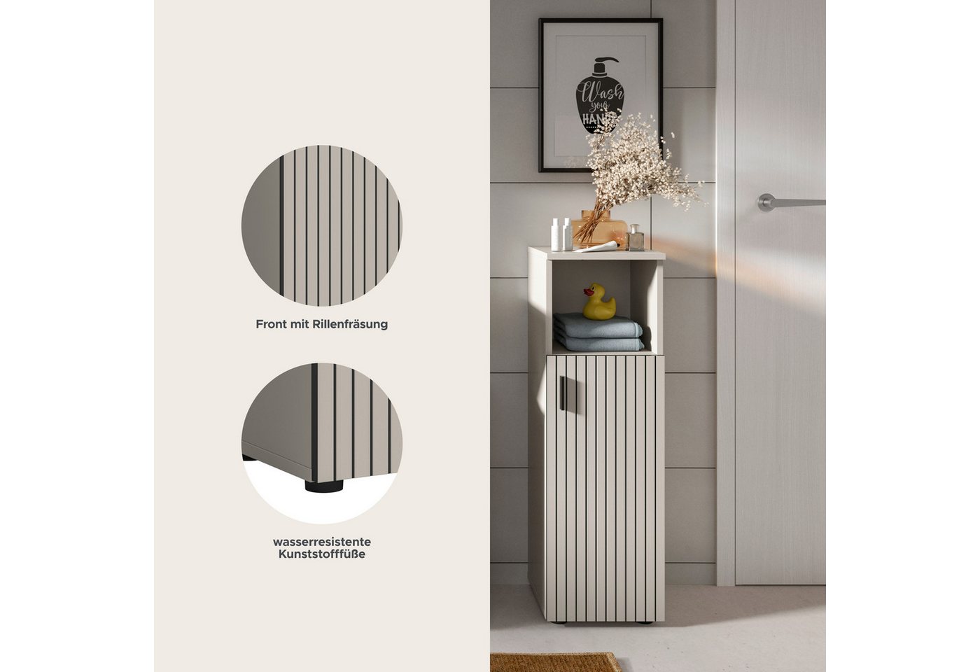 welltime Stauraumschrank MANI, Höhe: 95 cm, Paneeloptik, 1 offenes Fach, 1 Tür (1-St) Badezimmerschrank, Badschrank, Bad, Badezimmer – Bild 3 von 5