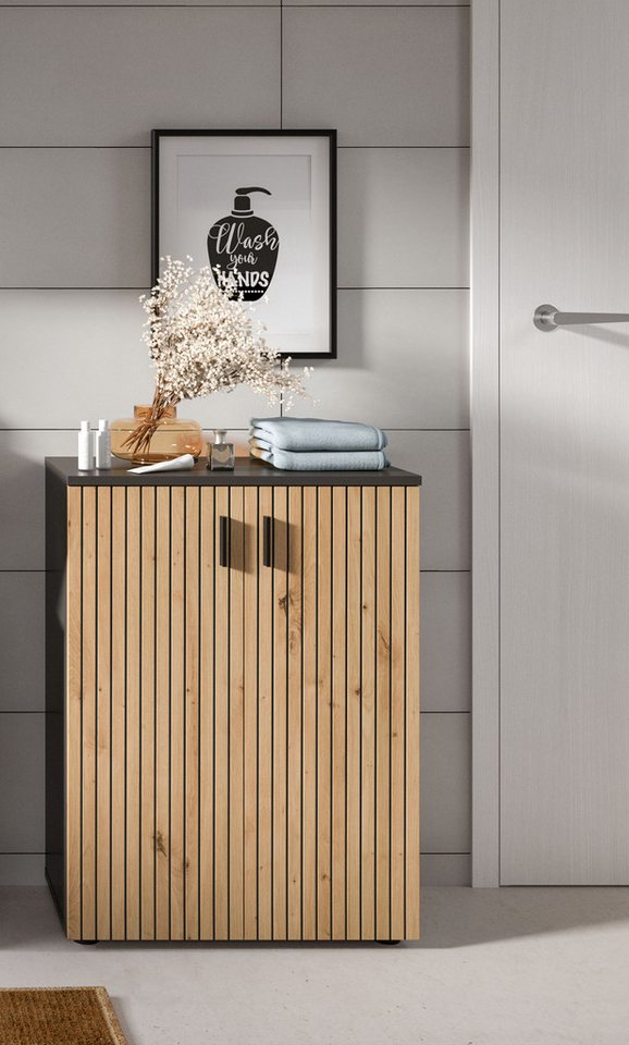 welltime Stauraumschrank MANI, Höhe: 81 cm, Paneeloptik, 2 Türen, 3 Fächer (1-St) Badezimmerschrank, Badschrank, Bad, Badezimmer – Bild 2 von 5