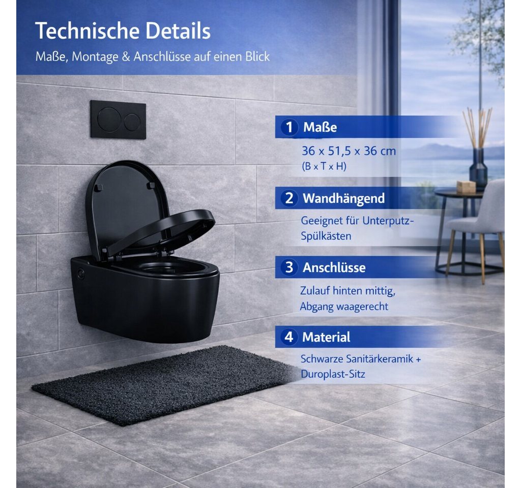 welltime Tiefspül-WC Vigo, wandhängend, Abgang waagerecht, spülrandlose Toilette aus Sanitärkeramik, inkl. WC-Sitz mit Softclose – Bild 2 von 5