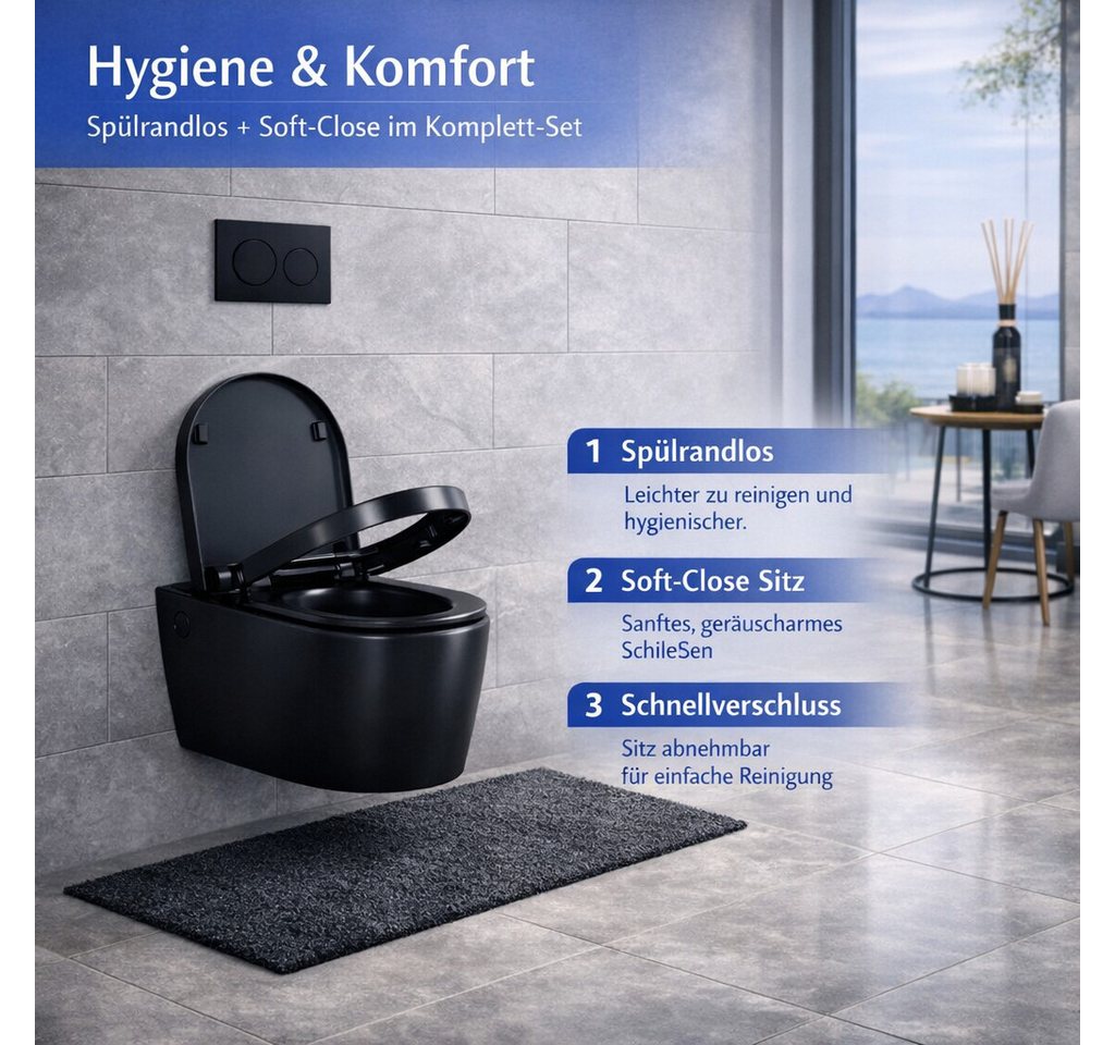welltime Tiefspül-WC Vigo, wandhängend, Abgang waagerecht, spülrandlose Toilette aus Sanitärkeramik, inkl. WC-Sitz mit Softclose – Bild 3 von 5