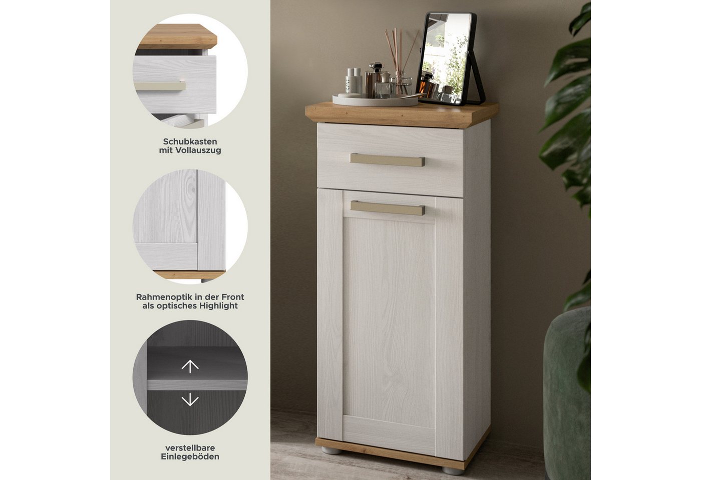 welltime Unterschrank COSENZA, Höhe 85cm, 1 Tür, 1 Schubkasten, 1 Einlegeboden, 2 Fächer (1-St., in Landhausoptik, mit weiteren Artikel der Serie kombinierbar)  – Bild 3 von 5