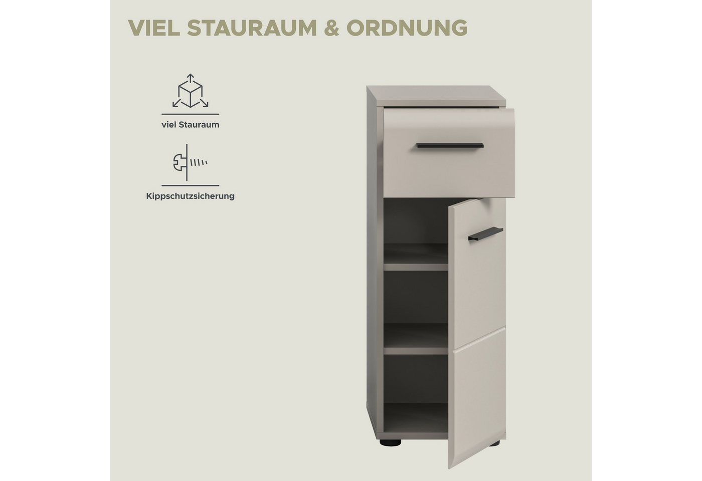 welltime Unterschrank FLORENZ, Höhe 80 cm, 1 Tür, 1 Schubkasten (1-St., TOPSELLER) Türanschlag wechselbar, hochwertige MDF Front, Badschrank, Bad – Bild 4 von 5