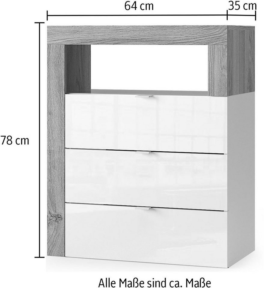 welltime Unterschrank Hamburg Höhe 78 cm, Breite 64 cm, Badkommode mit 3 Schübkästen, Badezimmerschrank, dekorativer Rahmen, offenes Fach, Metallgriffe – Bild 3 von 3