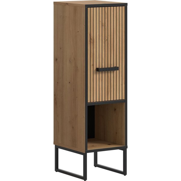 welltime Unterschrank LOCRI, Höhe 101 cm, 1 Tür, 1 offenes Fach, 1 Einlegeboden (1-St., industrial Look mit Rillenoptik & Metall Kufen) Badmöbel, Badschrank, Ba