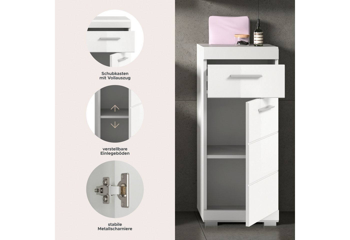 welltime Unterschrank SIENA, Breite 37cm, 1 Tür, 1 Schubkasten, 2 Fächer, MDF-Front (1-St., TOPSELLER) in verschiedenen Farben erhältlich, Badmöbel, Badschrank, – Bild 4 von 5