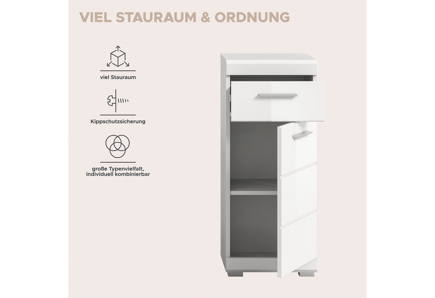welltime Unterschrank SIENA, Breite 37cm, 1 Tür, 1 Schubkasten, 2 Fächer, MDF-Front (1-St., TOPSELLER) in verschiedenen Farben erhältlich, Badmöbel, Badschrank, – Bild 5 von 5