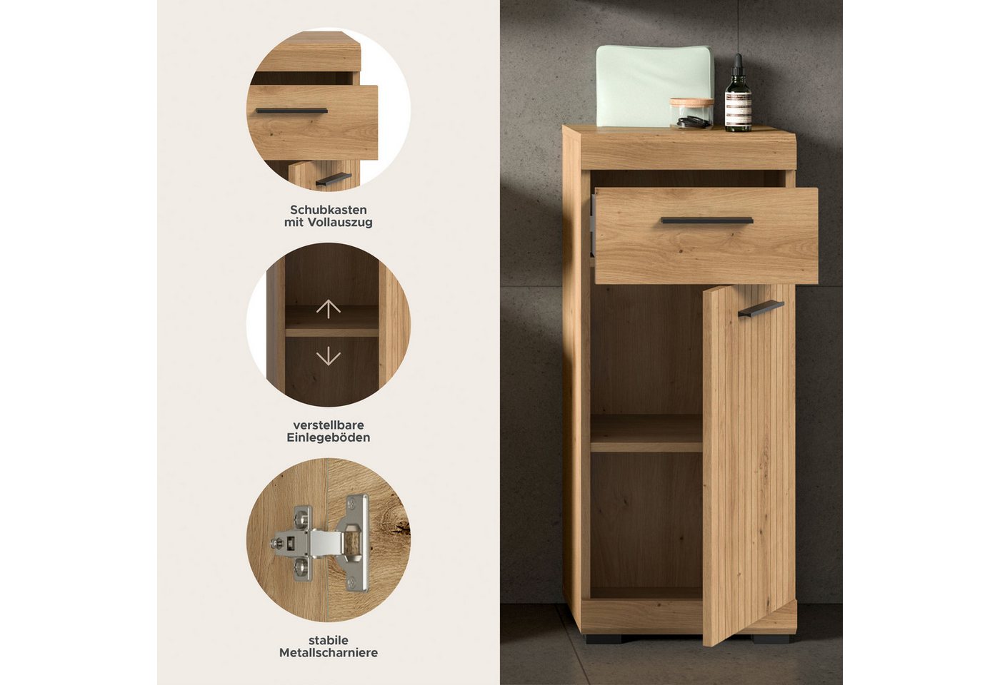 welltime Unterschrank SIENA, Breite 37cm, 1 Tür, 1 Schubkasten, 2 Fächer, MDF-Front (1-St., TOPSELLER) in verschiedenen Farben erhältlich, Badmöbel, Badschrank, – Bild 3 von 5