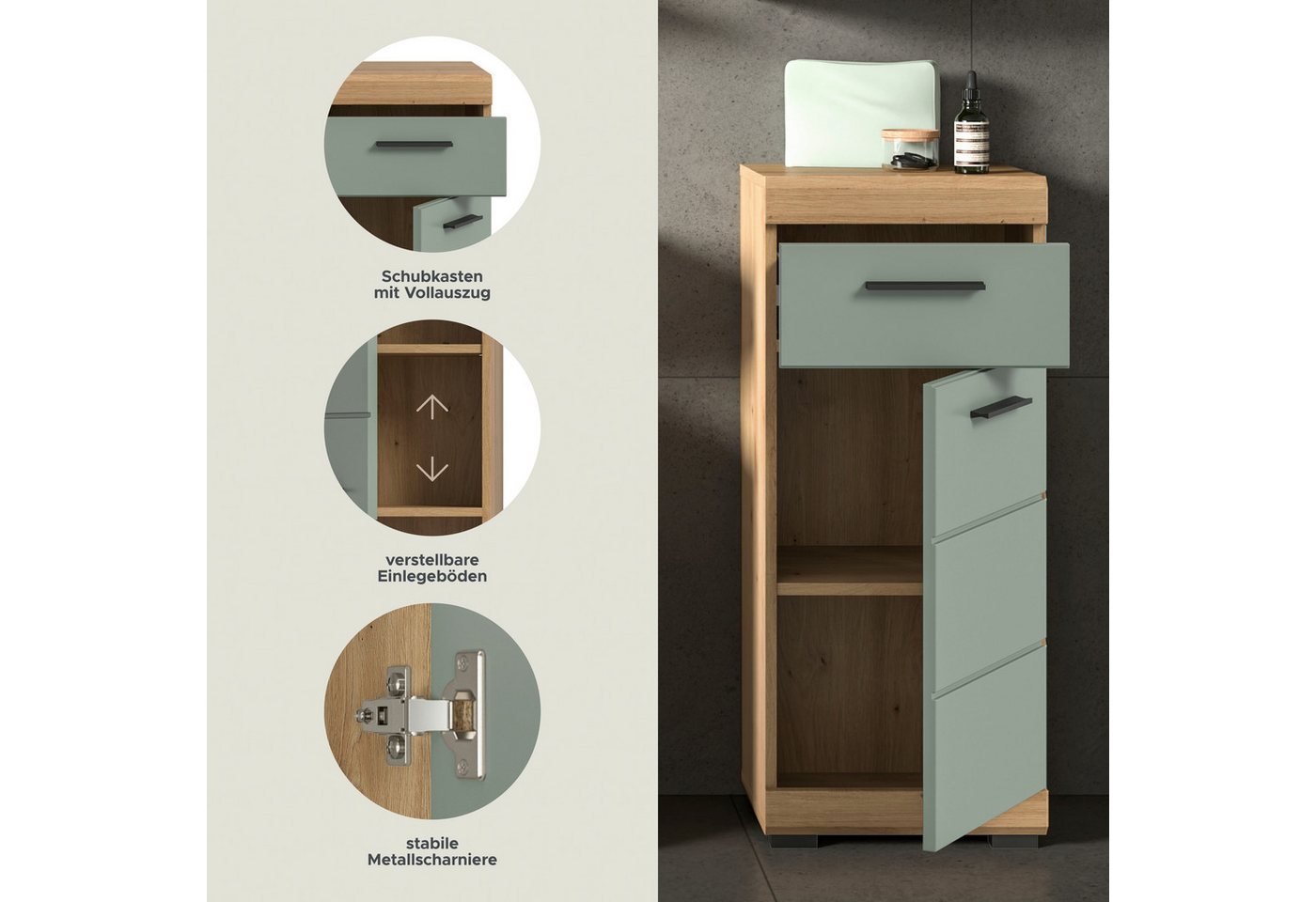 welltime Unterschrank SIENA, Breite 37cm, 1 Tür, 1 Schubkasten, 2 Fächer, MDF-Front (1-St., TOPSELLER) in verschiedenen Farben erhältlich, Badmöbel, Badschrank, – Bild 4 von 5