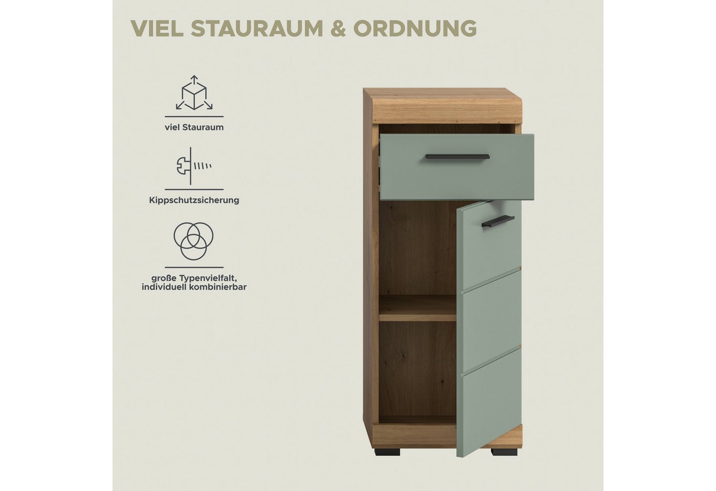 welltime Unterschrank SIENA, Breite 37cm, 1 Tür, 1 Schubkasten, 2 Fächer, MDF-Front (1-St., TOPSELLER) in verschiedenen Farben erhältlich, Badmöbel, Badschrank, – Bild 5 von 5