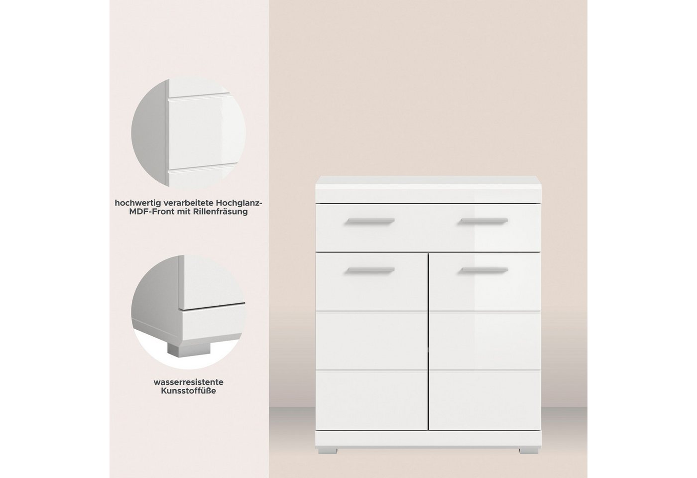 welltime Unterschrank SIENA, Breite 74cm, 2 Tür, 1 Schubkasten, 2 Fächer, MDF-Front (TOPSELLER) in verschiedenen Farben erhältlich, Badmöbel, Badschrank, Kommod – Bild 3 von 5