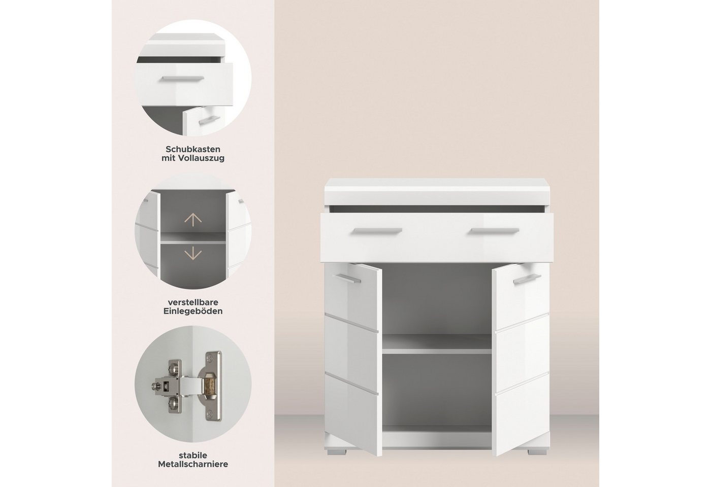 welltime Unterschrank SIENA, Breite 74cm, 2 Tür, 1 Schubkasten, 2 Fächer, MDF-Front (TOPSELLER) in verschiedenen Farben erhältlich, Badmöbel, Badschrank, Kommod – Bild 4 von 5