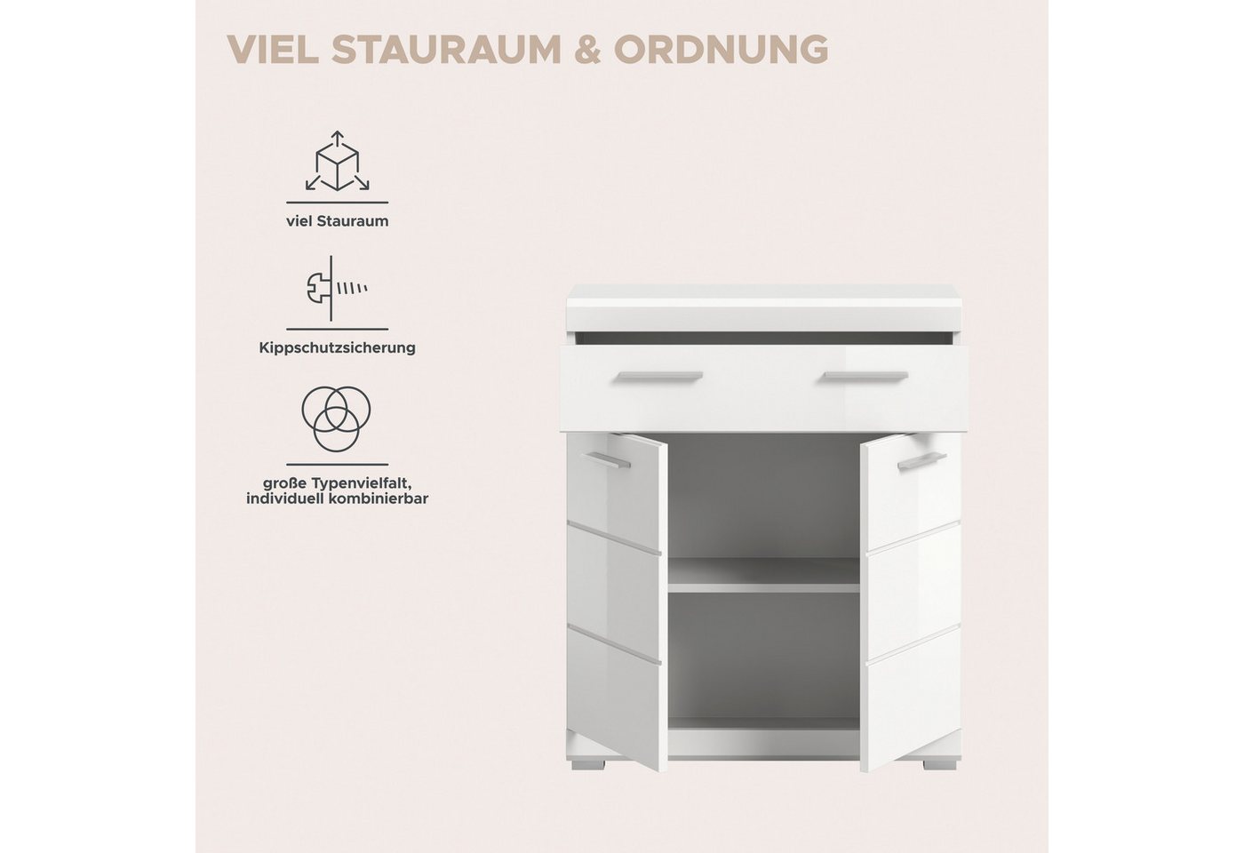 welltime Unterschrank SIENA, Breite 74cm, 2 Tür, 1 Schubkasten, 2 Fächer, MDF-Front (TOPSELLER) in verschiedenen Farben erhältlich, Badmöbel, Badschrank, Kommod – Bild 5 von 5