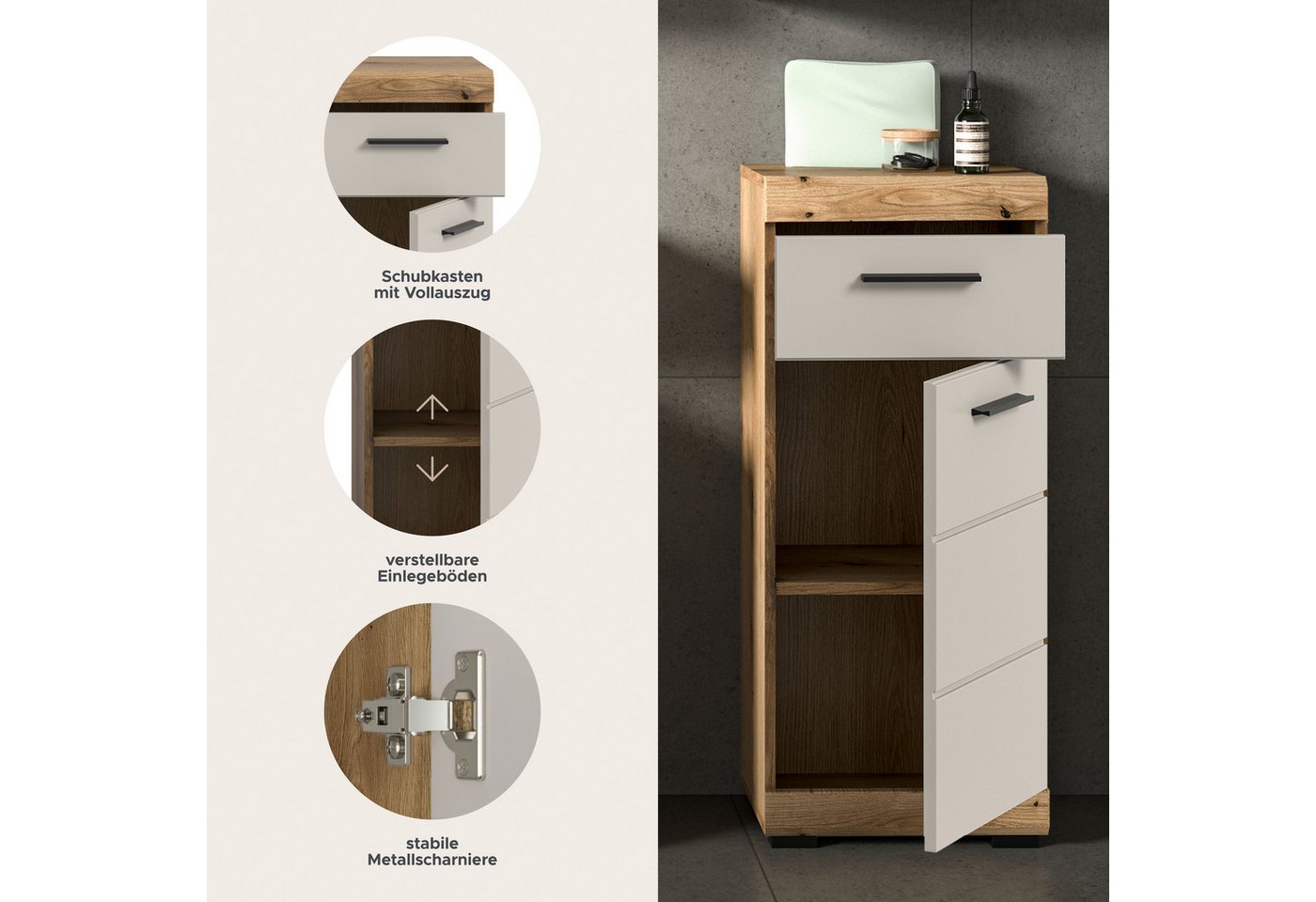 welltime Unterschrank SIENA, Breite 37cm, 1 Tür, 1 Schubkasten, 2 Fächer, MDF-Front (1-St., TOPSELLER) in verschiedenen Farben erhältlich, Badmöbel, Badschrank, – Bild 3 von 5