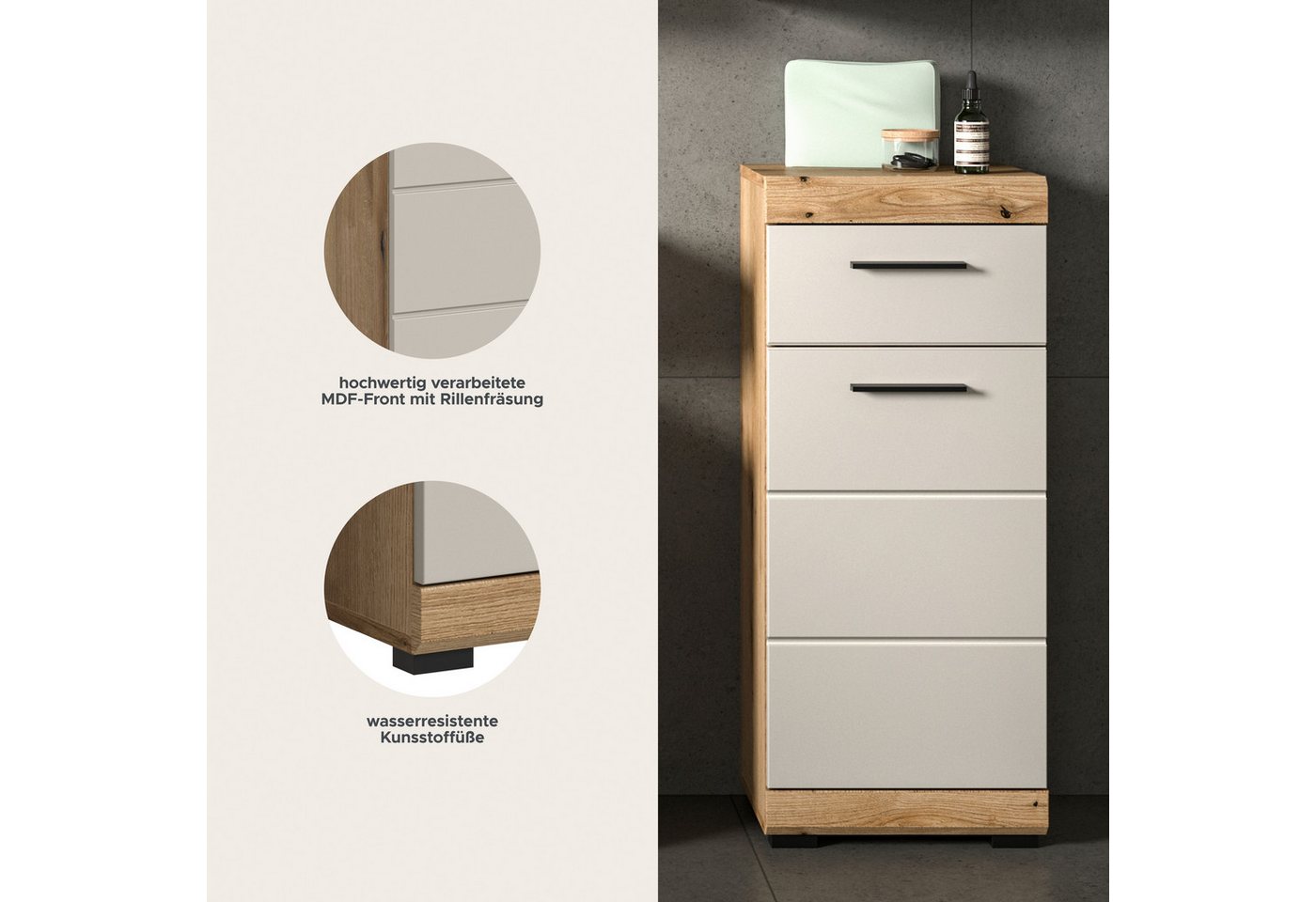 welltime Unterschrank SIENA, Breite 37cm, 1 Tür, 1 Schubkasten, 2 Fächer, MDF-Front (1-St., TOPSELLER) in verschiedenen Farben erhältlich, Badmöbel, Badschrank, – Bild 4 von 5