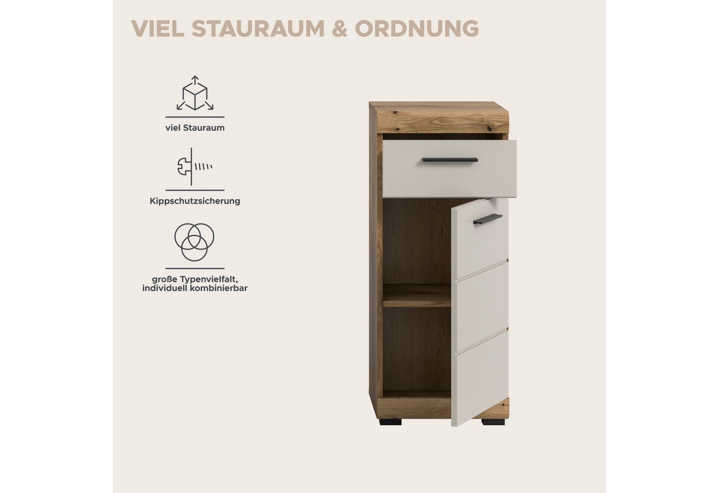 welltime Unterschrank SIENA, Breite 37cm, 1 Tür, 1 Schubkasten, 2 Fächer, MDF-Front (1-St., TOPSELLER) in verschiedenen Farben erhältlich, Badmöbel, Badschrank, – Bild 5 von 5