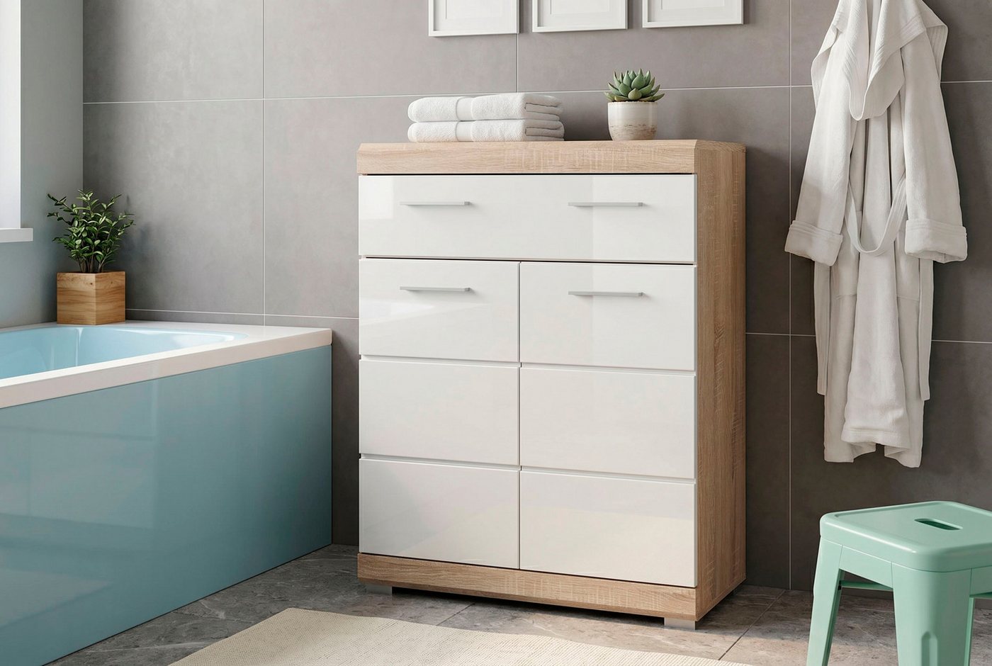 welltime Unterschrank SIENA, Breite 74cm, 2 Tür, 1 Schubkasten, 2 Fächer, MDF-Front (TOPSELLER) in verschiedenen Farben erhältlich, Badmöbel, Badschrank, Kommod – Bild 2 von 5