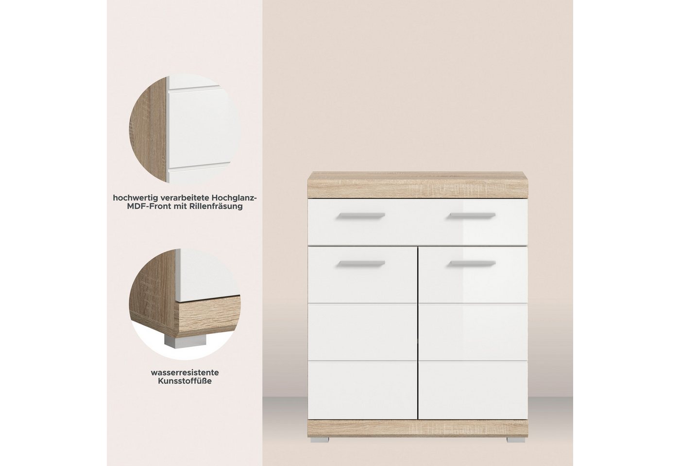 welltime Unterschrank SIENA, Breite 74cm, 2 Tür, 1 Schubkasten, 2 Fächer, MDF-Front (TOPSELLER) in verschiedenen Farben erhältlich, Badmöbel, Badschrank, Kommod – Bild 3 von 5