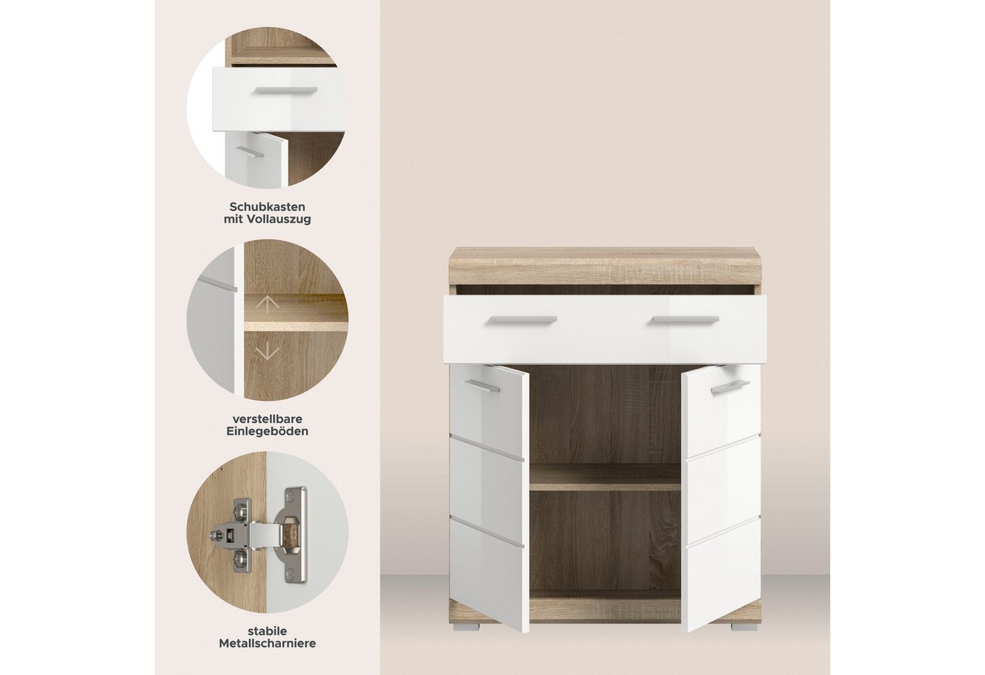 welltime Unterschrank SIENA, Breite 74cm, 2 Tür, 1 Schubkasten, 2 Fächer, MDF-Front (TOPSELLER) in verschiedenen Farben erhältlich, Badmöbel, Badschrank, Kommod – Bild 4 von 5