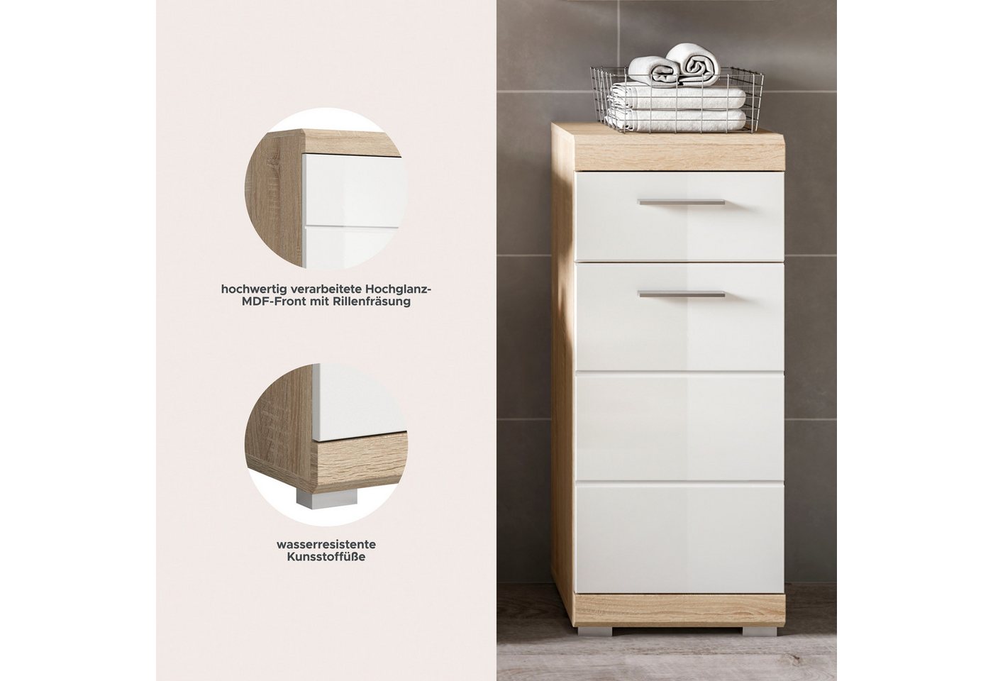 welltime Unterschrank SIENA, Breite 37cm, 1 Tür, 1 Schubkasten, 2 Fächer, MDF-Front (1-St., TOPSELLER) in verschiedenen Farben erhältlich, Badmöbel, Badschrank, – Bild 3 von 5