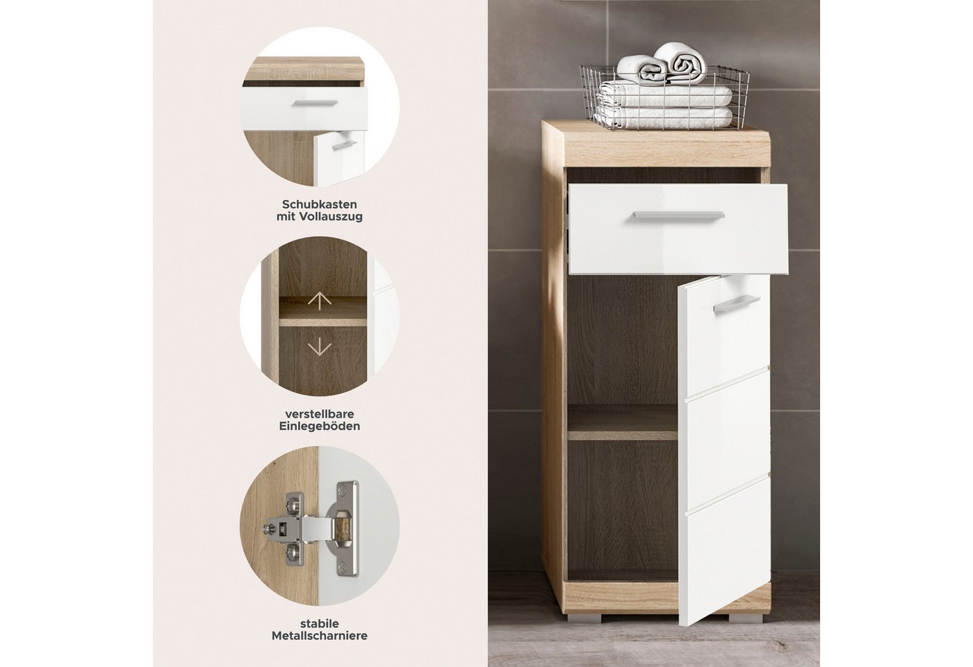welltime Unterschrank SIENA, Breite 37cm, 1 Tür, 1 Schubkasten, 2 Fächer, MDF-Front (1-St., TOPSELLER) in verschiedenen Farben erhältlich, Badmöbel, Badschrank, – Bild 4 von 5