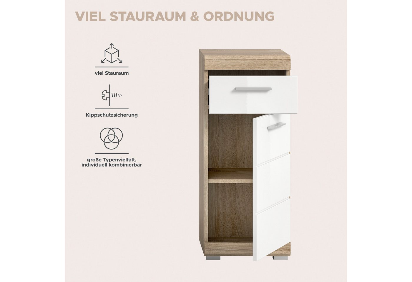 welltime Unterschrank SIENA, Breite 37cm, 1 Tür, 1 Schubkasten, 2 Fächer, MDF-Front (1-St., TOPSELLER) in verschiedenen Farben erhältlich, Badmöbel, Badschrank, – Bild 5 von 5