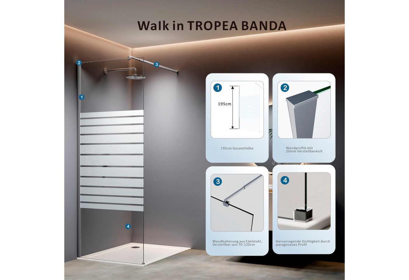 welltime Walk-in-Dusche Tropea Banda, Einscheibensicherheitsglas, 8mm Starke Scheibe mit Streifendekor – Bild 2 von 5