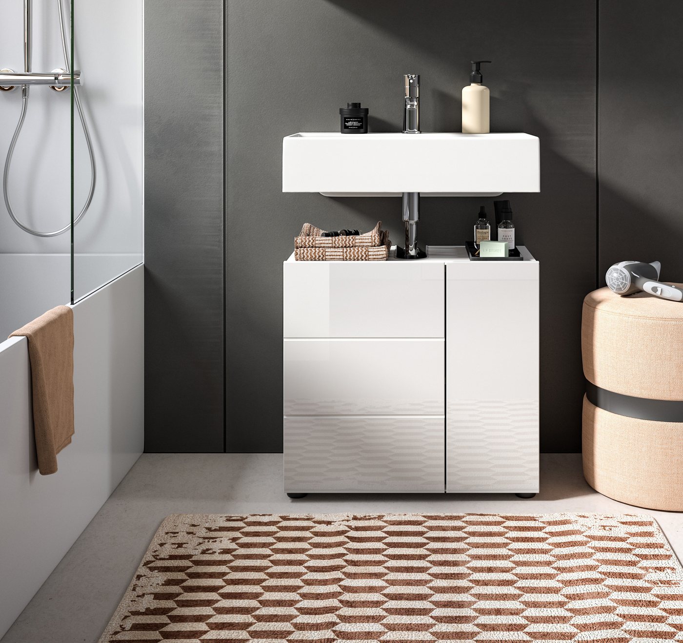 welltime Waschbeckenunterschrank BIEL, Breite: 60 cm, 2 Türen, 2 Fächer, Siphonausschnitt (1-St) Badmöbel, Badschrank, Schrank, Unterschrank, Bad, Badezimmer – Bild 2 von 5