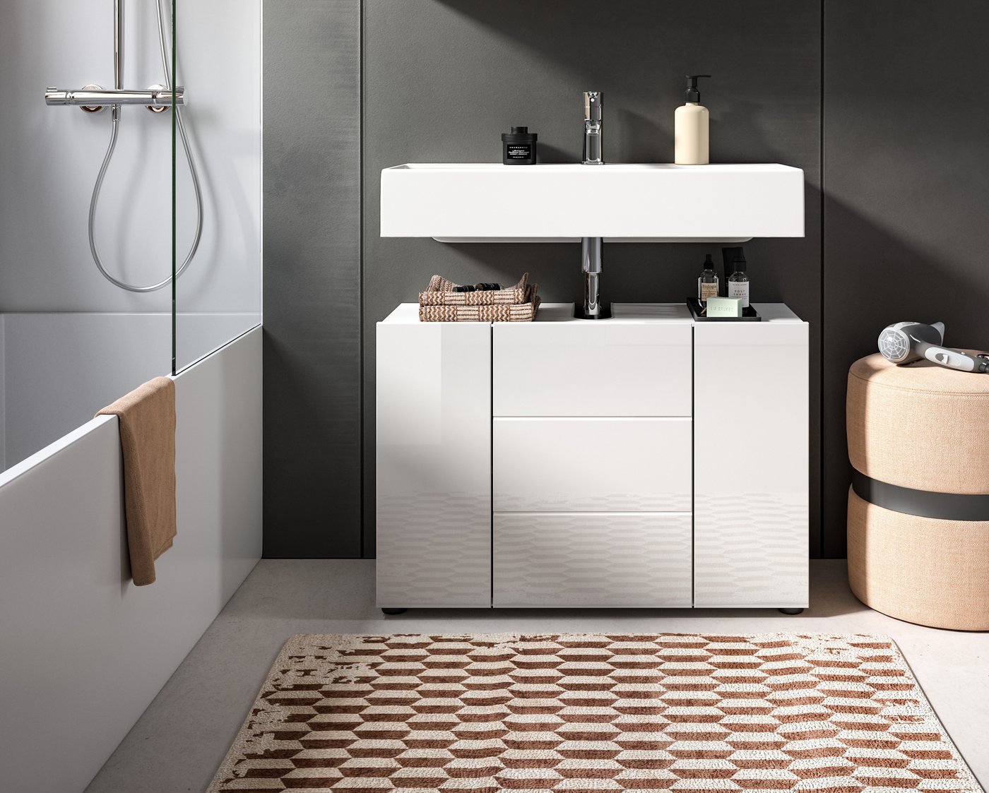 welltime Waschbeckenunterschrank BIEL, Breite: 82 cm, 3 Türen, 4 Fächer, Siphonausschnitt (1-St) Badmöbel, Badschrank, Schrank, Unterschrank, Bad, Badezimmer – Bild 2 von 5