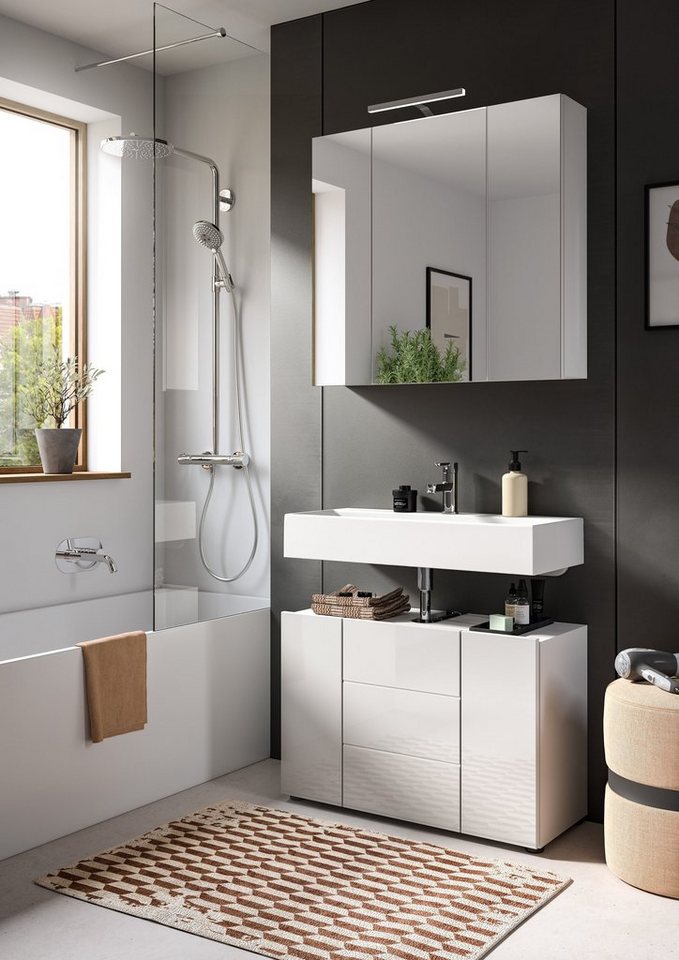 welltime Waschbeckenunterschrank BIEL, Breite: 82 cm, 3 Türen, 4 Fächer, Siphonausschnitt (1-St) Badmöbel, Badschrank, Schrank, Unterschrank, Bad, Badezimmer – Bild 5 von 5