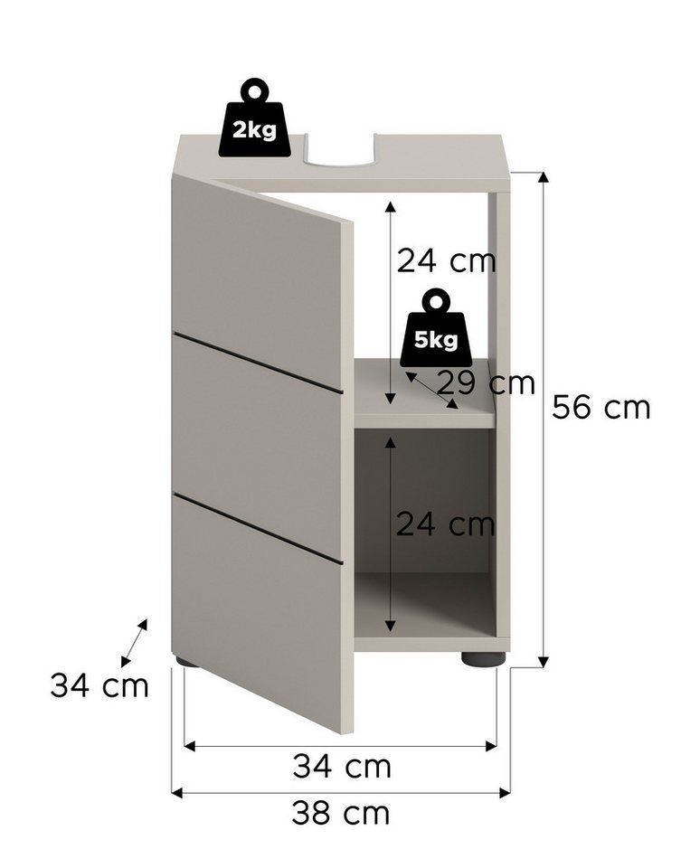 welltime Waschbeckenunterschrank BIEL, Breite: 38 cm, 1 Tür, 2 Fächer, Siphonausschnitt (1-St) Waschbeckenunterschrank, Unterschrank, WBU, Badezimmer, Bad – Bild 5 von 5