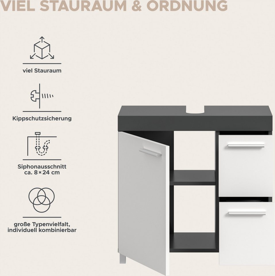 welltime Waschbeckenunterschrank HANO, Badezimmer, WBU, Waschtisch, Kommode, Unterschrank (in 2 verschiedenen Farben und 2 verschiedenen Ausstattungen erhältlic – Bild 4 von 5