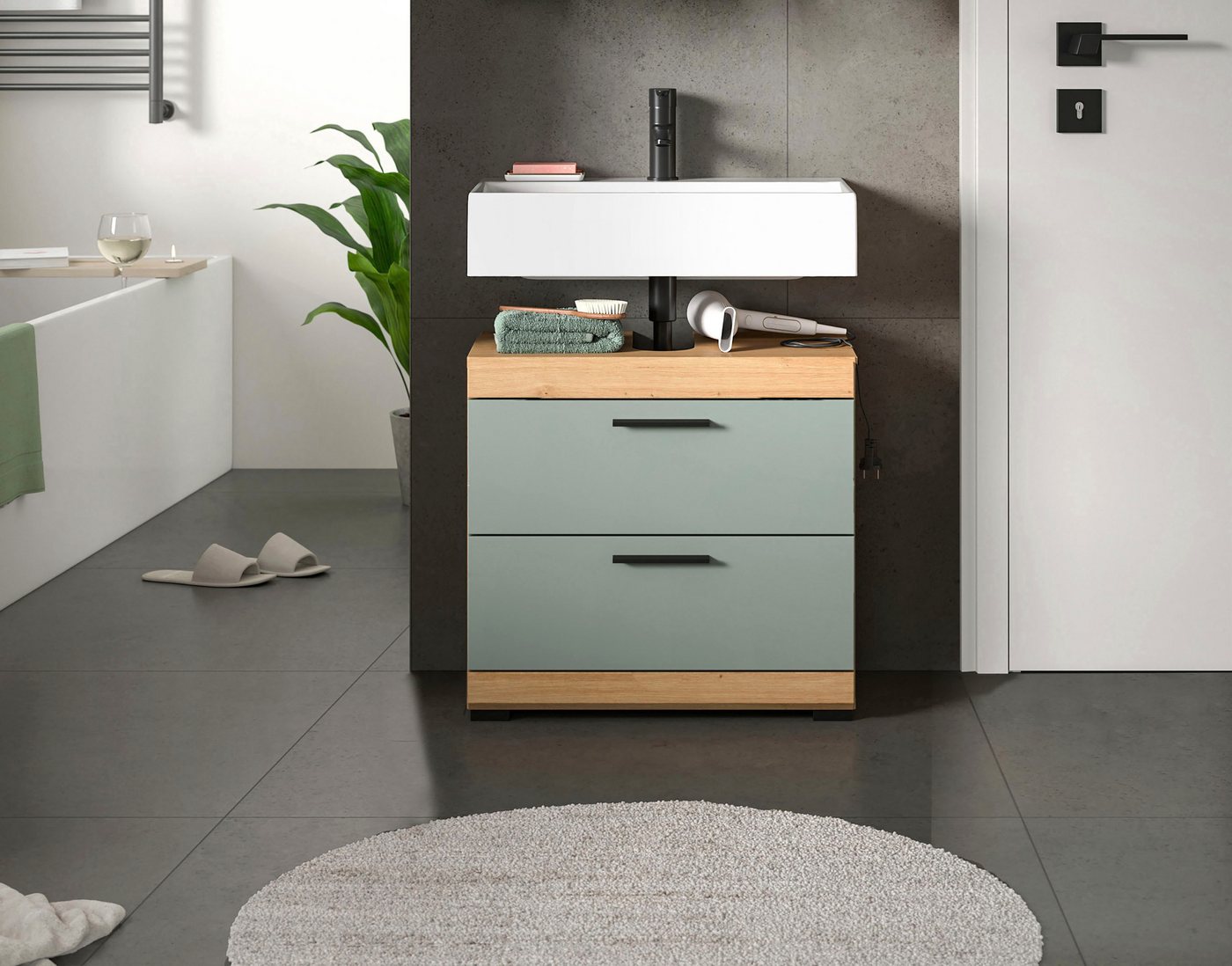 welltime Waschbeckenunterschrank SIENA, Breite 60cm, mit 2 Türen oder 2 Schubkästen, MDF-Front (1-St., TOPSELLER!, mit Siphonausschnitt 10x25 cm) in verschieden – Bild 2 von 5