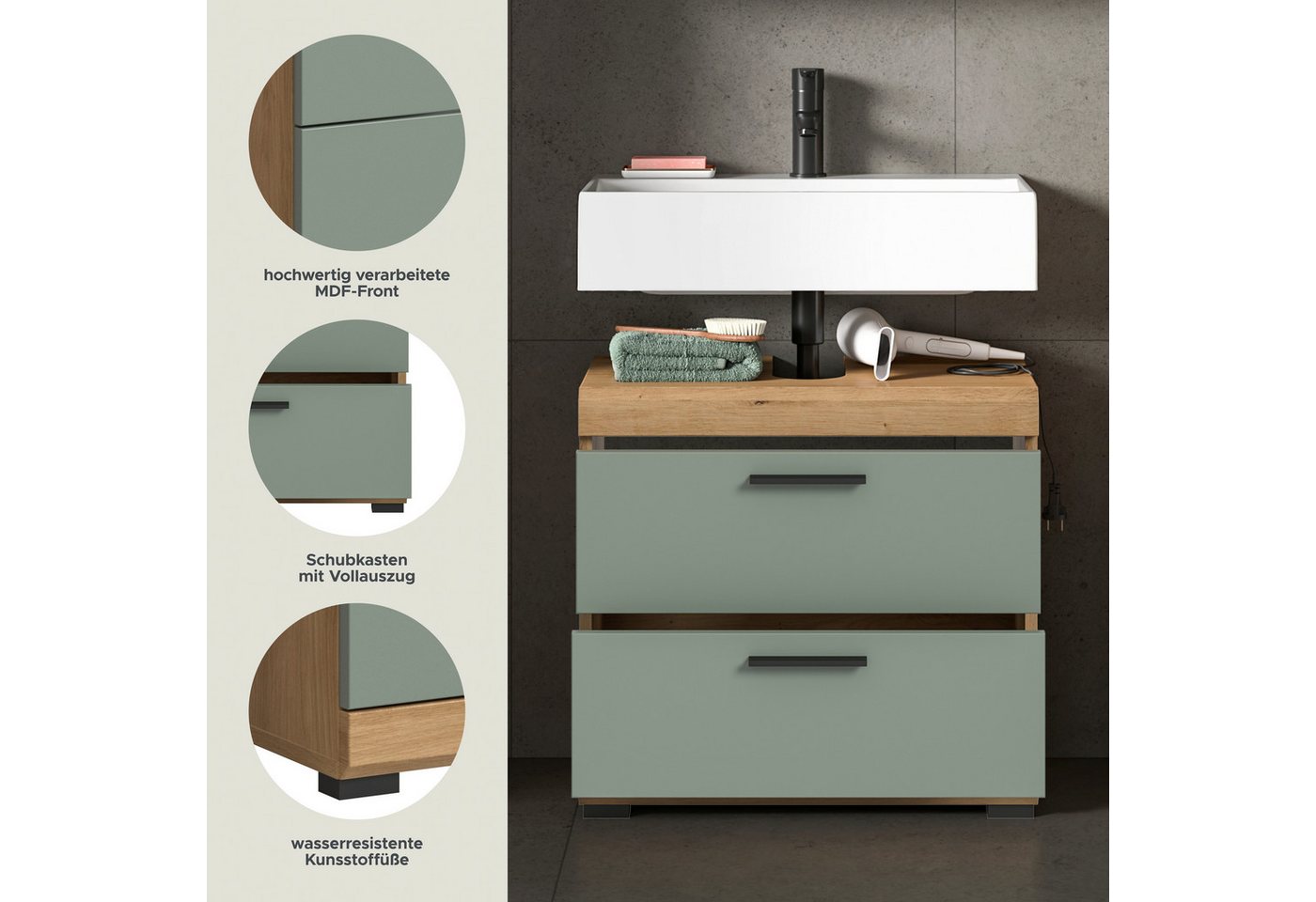 welltime Waschbeckenunterschrank SIENA, Breite 60cm, mit 2 Türen oder 2 Schubkästen, MDF-Front (1-St., TOPSELLER!, mit Siphonausschnitt 10x25 cm) in verschieden – Bild 3 von 5